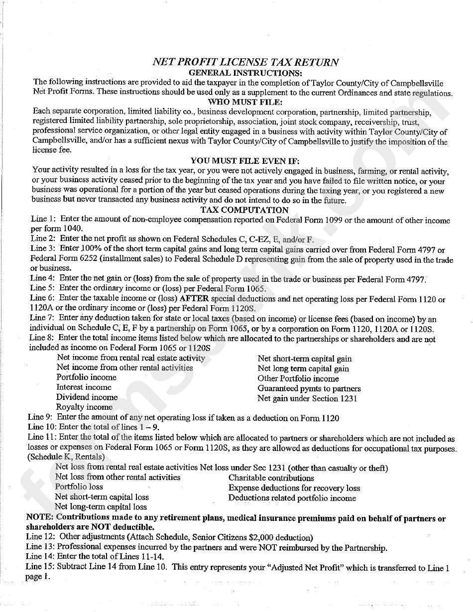 Net Profit License Tax Return Instructions printable pdf download
