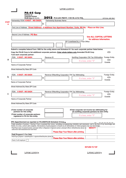 Fillable Form Pa-65 Corp - Directory Of Corporate Partners - 2012 Printable pdf