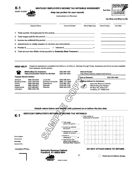 Form K-1 Sample - Kentucky Employer'S Income Tax Withheld Worksheet ...