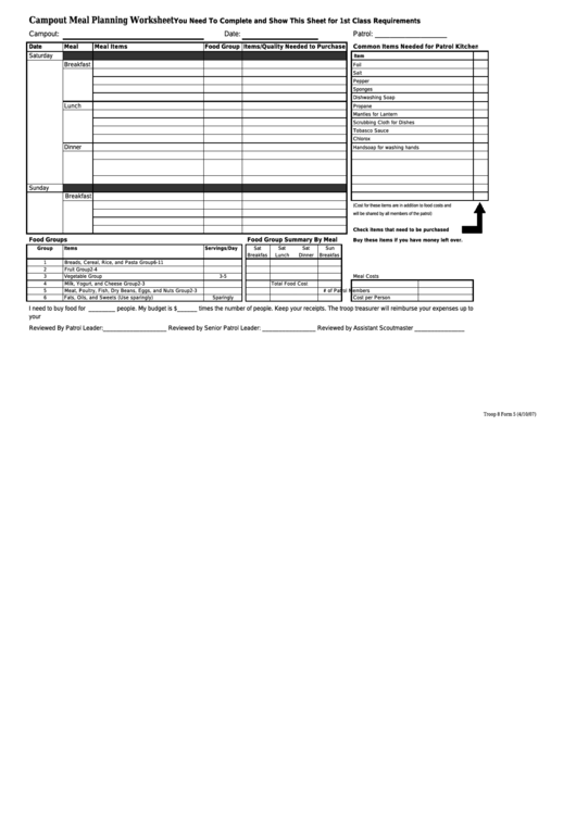 Campout Meal Planning Worksheet Printable pdf