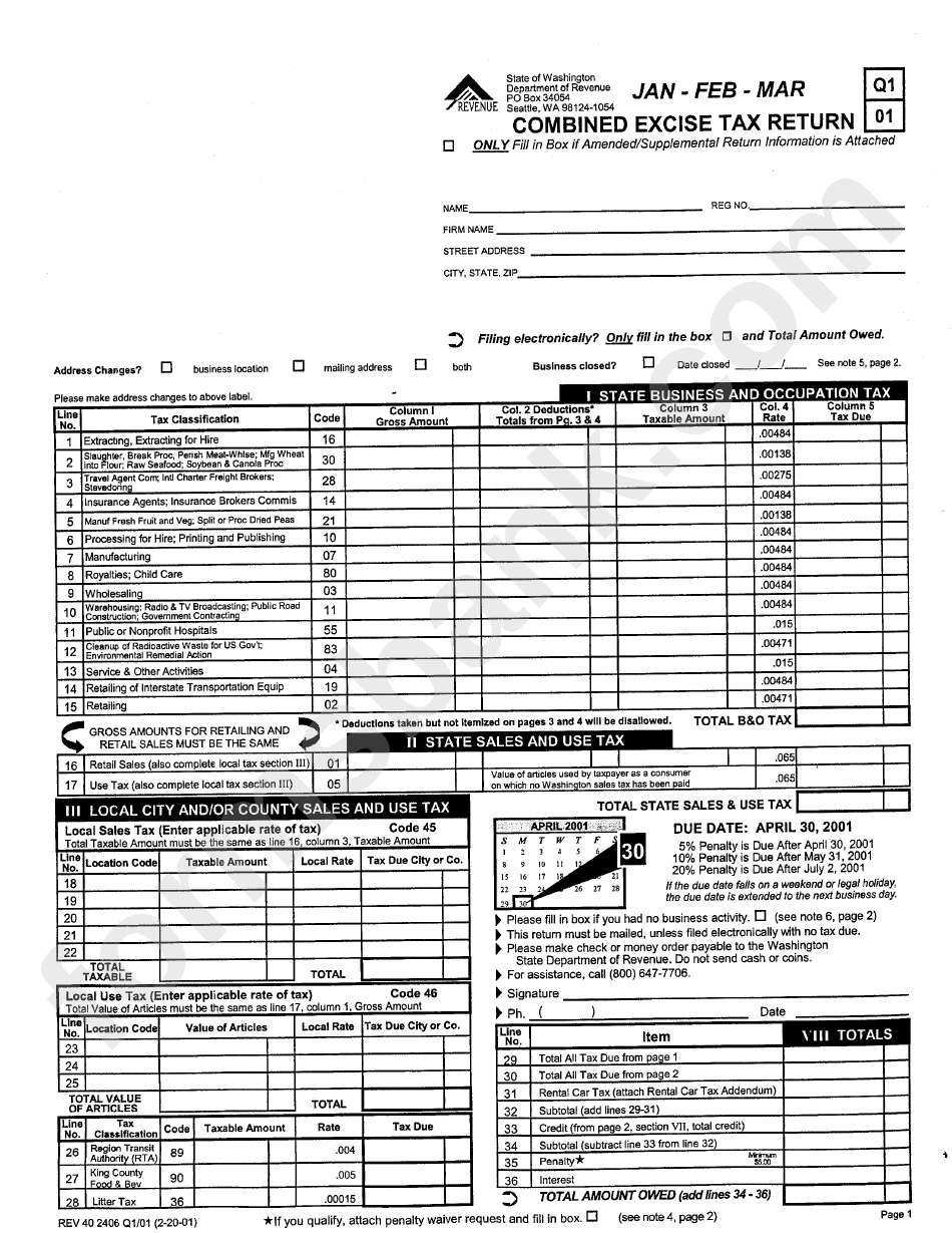 Form Rev 402406 Combined Excise Tax Return Printable Pdf Download 0555