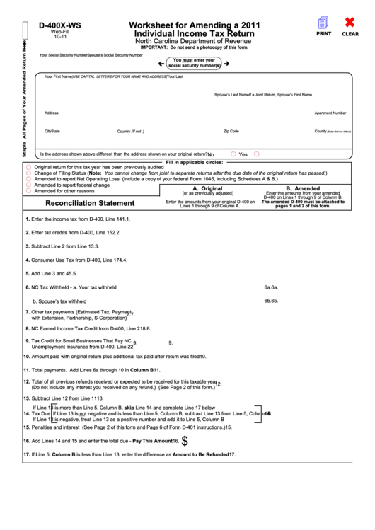 Fillable Form D-400x-Ws - Worksheet For Amending A 2011 Individual Income Tax Return Printable pdf