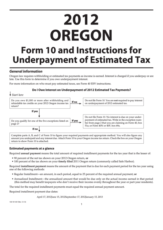 Fillable Form 10 - Underpayment Of Oregon Estimated Tax - 2012 Printable pdf