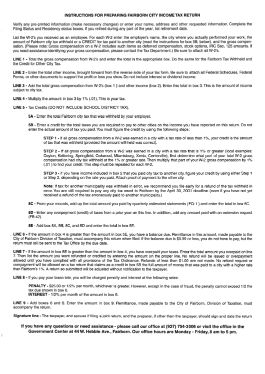 Instructions For Preparing Fairborn City Income Tax Return Printable pdf