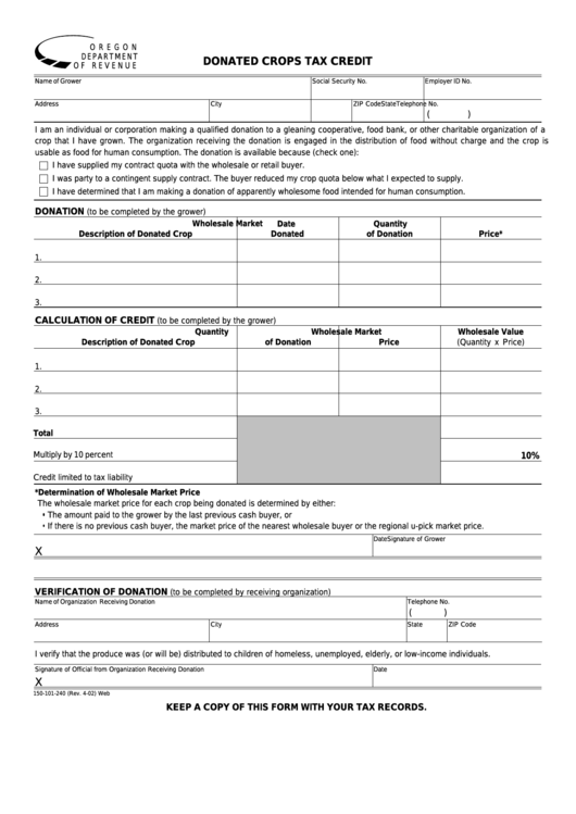 Donated Crops Tax Credit - Oregon Department Of Revenue Printable pdf