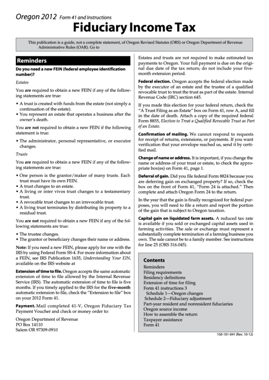 Fillable Form 41 - Oregon Fiduciary Income Tax Return - 2012 Printable pdf