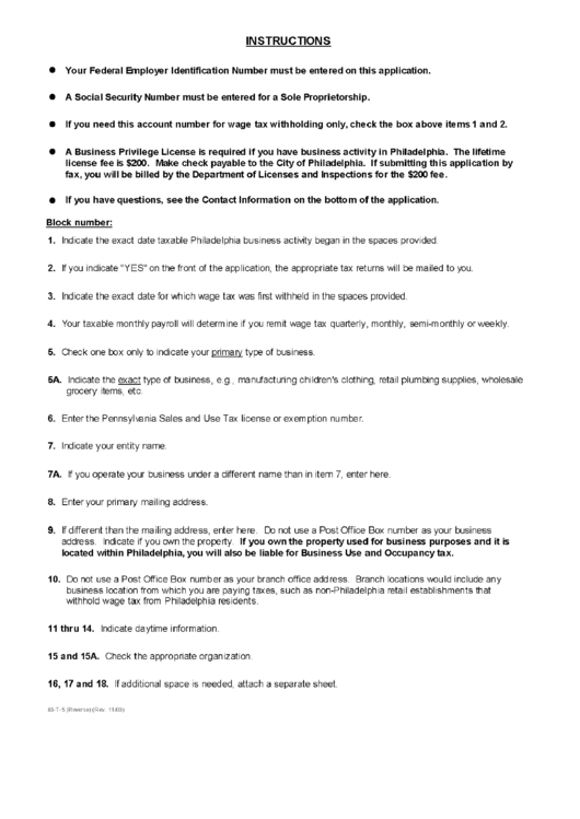 Instructions For Application For Philadelphia Business Tax Account Number Business Privilege License Wage Tax Withholding Account (Form 83-T-5) Printable pdf