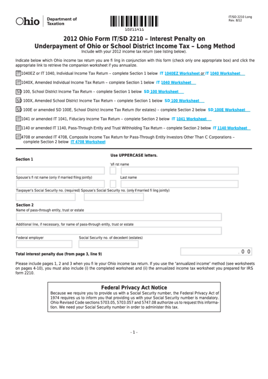 Fillable Ohio Form It/sd 2210 - Interest Penalty On Underpayment Of Ohio Or School District Income Tax - Long Method - 2012 Printable pdf