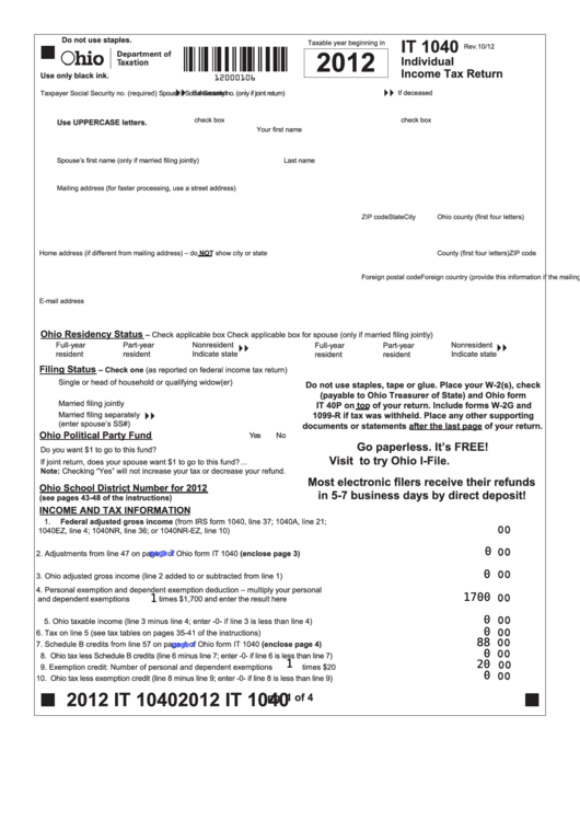 Fillable Form It 1040 - Individual Income Tax Return - 2012 Printable pdf