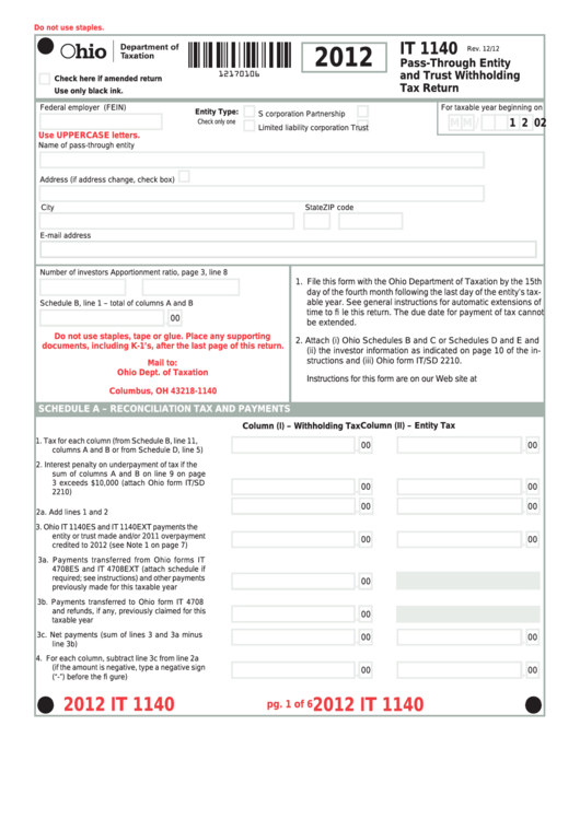 Fillable Form It 1140 - Pass-Through Entity And Trust Withholding Tax Return - 2012 Printable pdf
