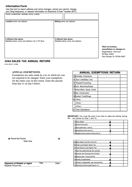 Information Form - Iowa Sales Tax Annual Report Printable pdf