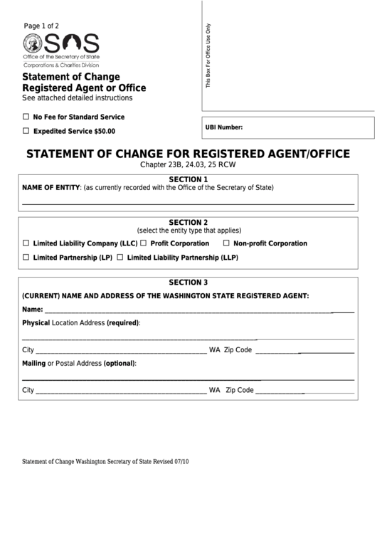 Fillable Form Statement Of Change For Registered Agent/office Printable pdf