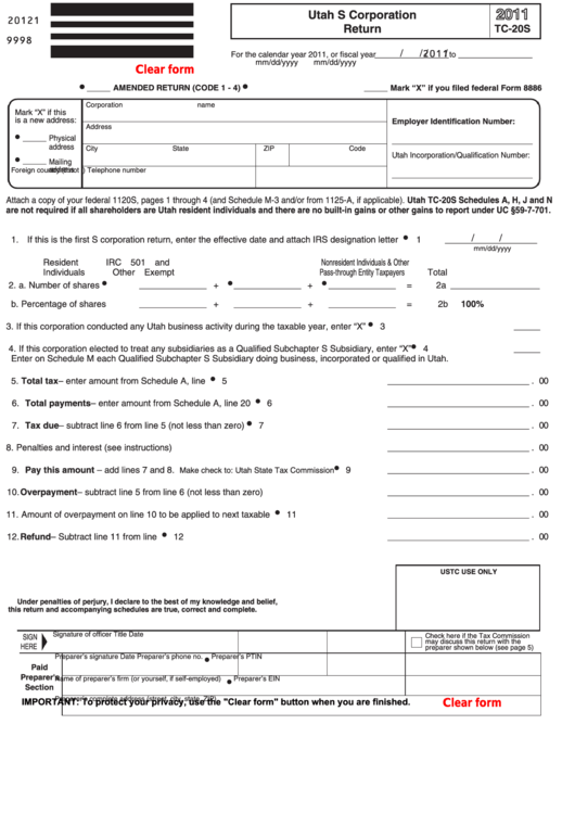 Fillable Form Tc-20s - Utah S Corporation Tax Return - 2011 Printable pdf