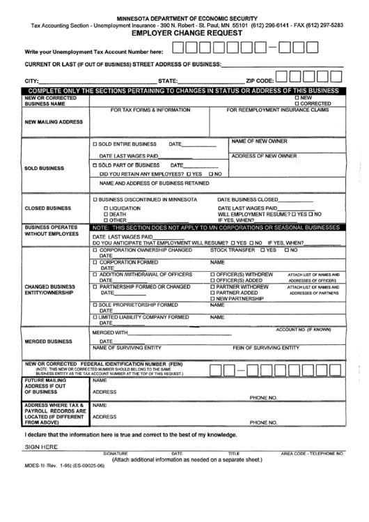 Form Mdes-11 - Employer Change Request - Minnesoa Department Of Economic Security Printable pdf