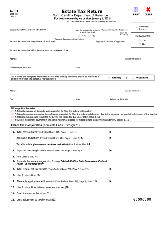 Fillable Form A-101 - Estate Tax Return Printable pdf