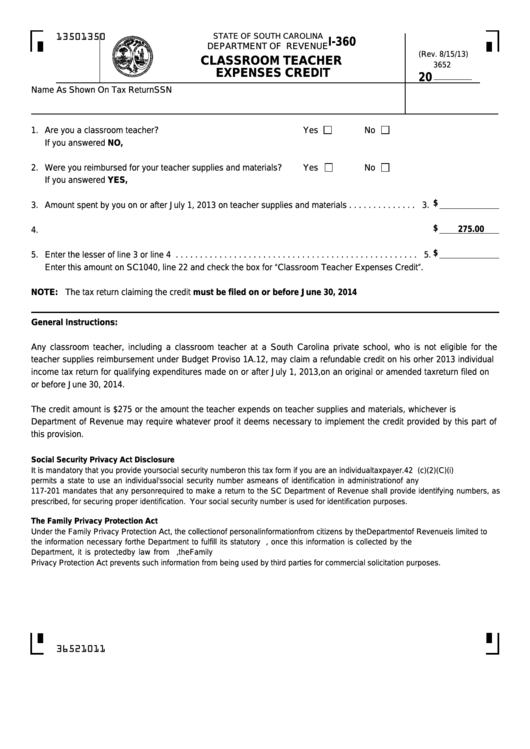 Form I-360 - Classroom Teacher Expenses Credit Printable pdf