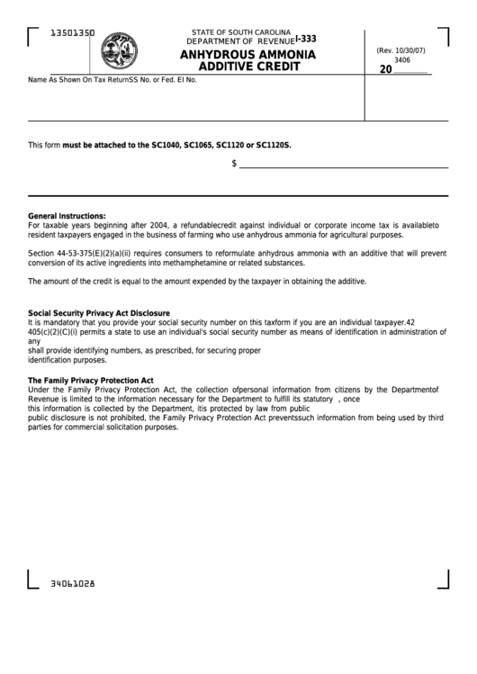Form I-333 - Anhydrous Ammonia Additive Credit Printable pdf