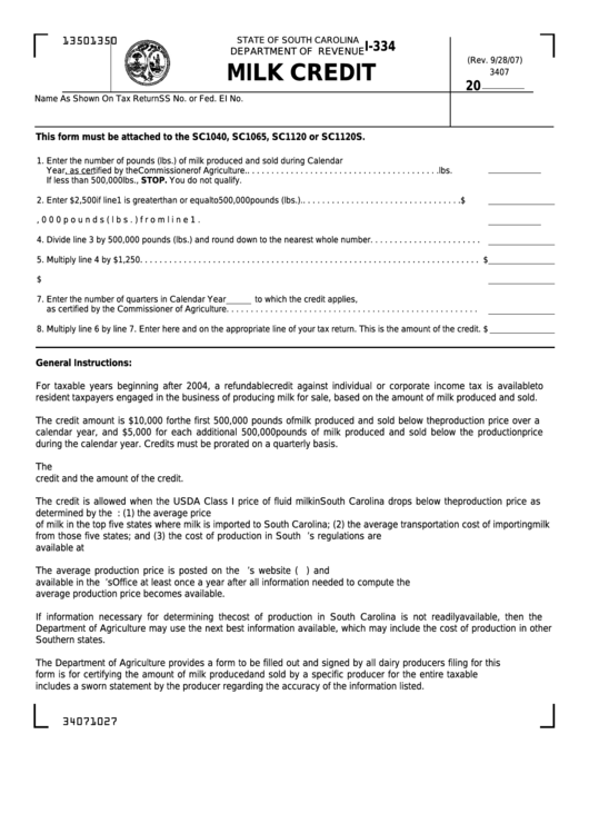 Form I-334 - Milk Credit Printable pdf