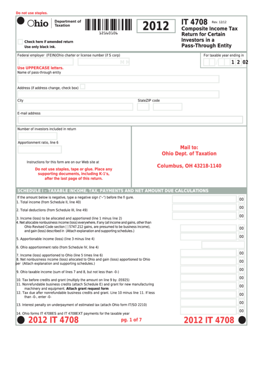 Fillable Form It 4708 - Composite Income Tax Return For Certain Investors In A Pass-Through Entity - 2012 Printable pdf