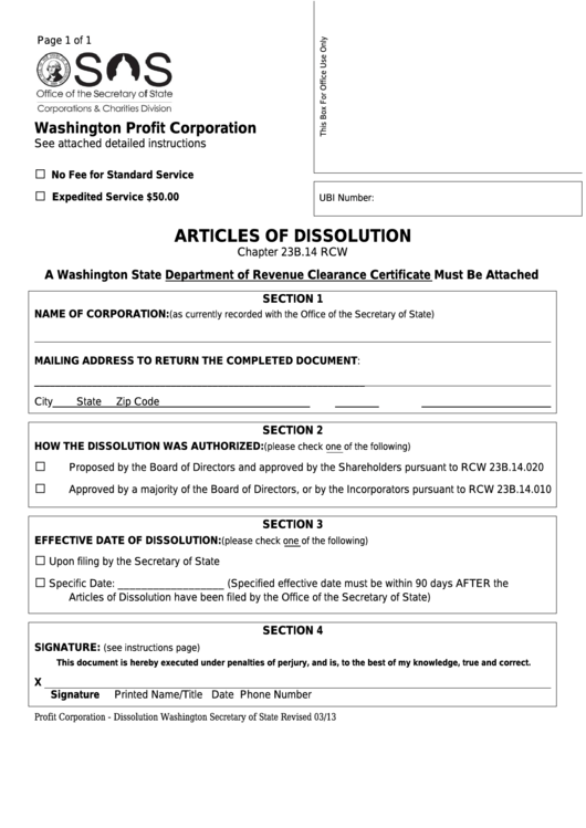 Fillable Articles Of Dissolution For A Washington Profit Corporation ...
