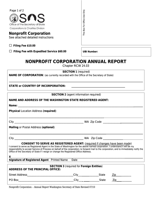 Fillable Form Nonprofit Corporation Annual Report - 2010 Printable pdf