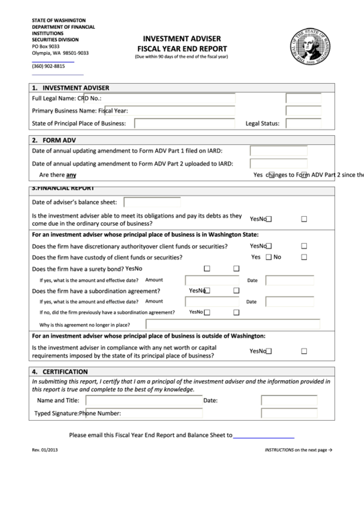 Fillable Investment Adviser Fiscal Year End Report Form - Washington Department Of Financial Institutions Printable pdf