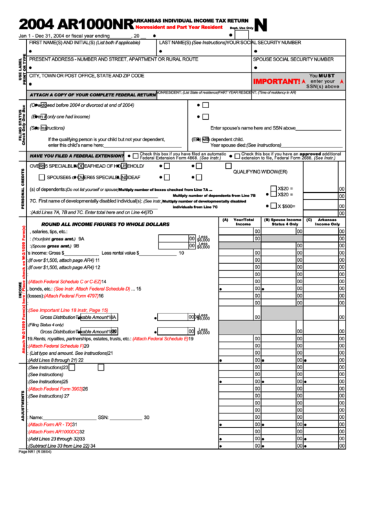Fillable Form Ar1000nr - Nonresident And Part Year Resident - Arkansas Individual Income Tax Return - 2004 Printable pdf