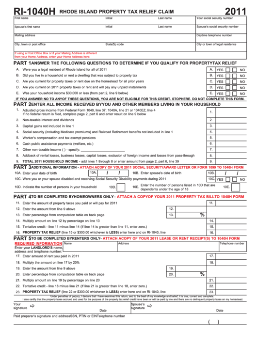 Fillable Form Ri-1040h - Rhode Island Property Tax Relief Claim - 2011 Printable pdf