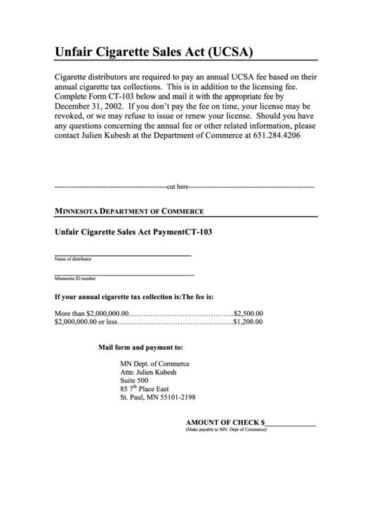 Form Ct-103 - Unfair Cigarette Sales Act (Ucsa) - Minnesota Department Of Commerce Printable pdf