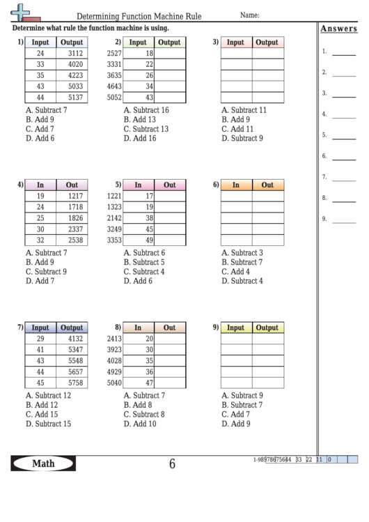 Determining Function Machine Rule - Function Worksheet With Answers Printable pdf