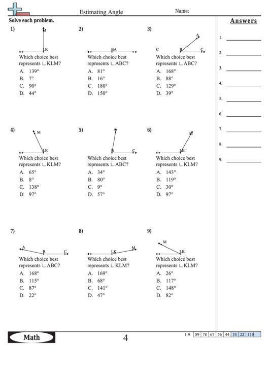 Estimating Angle - Angles Worksheet With Answers