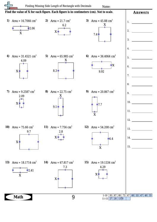 Finding Missing Side Length Of Rectangle With Decimals - Geometry Worksheet With Answers Printable pdf