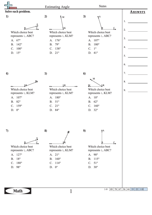 Estimating Angle - Angles Worksheet With Answers printable pdf download