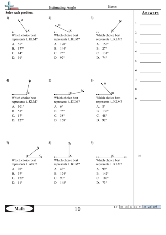 Estimating Angle - Angles Worksheet With Answers Printable pdf