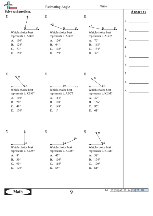 Estimating Angle - Angles Worksheet With Answers Printable pdf