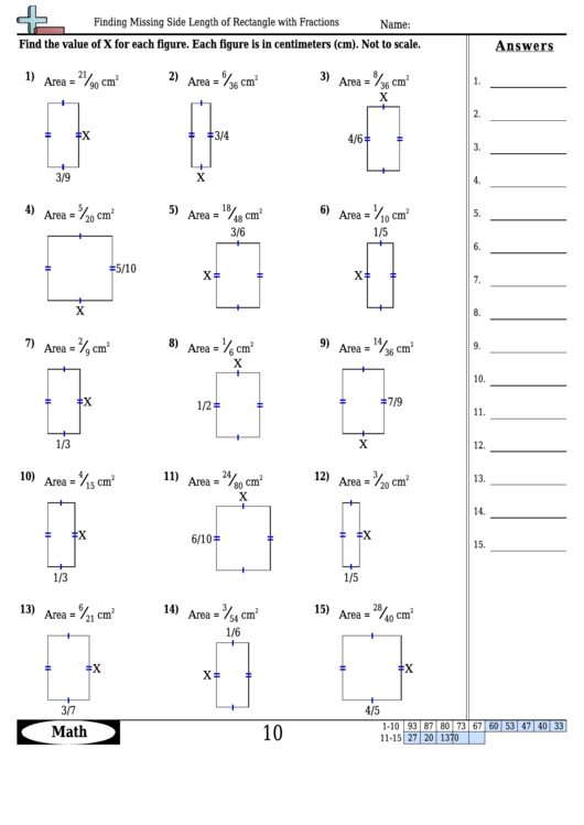 Finding Missing Side Length Of Rectangle With Fractions - Geometry Worksheet With Answers Printable pdf
