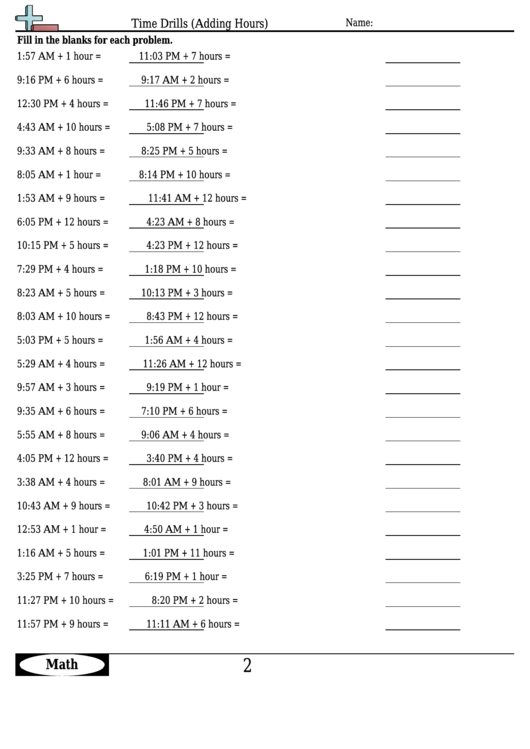 Time Drills (Adding Hours) - Measurement Worksheet With Answers Printable pdf