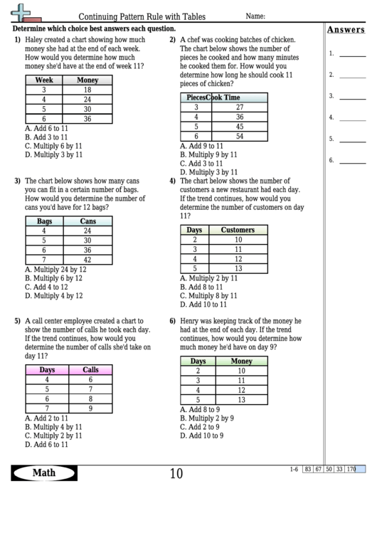 Continuing Pattern Rule With Tables - Pattern Worksheet With Answers Printable pdf