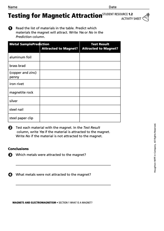 Testing For Magnetic Attraction Physics Worksheet Printable pdf