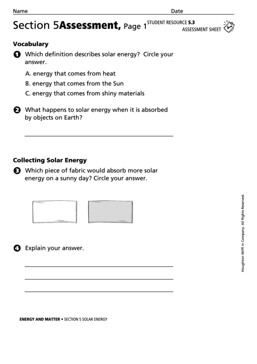 Section 5 Assessment Solar Energy Physics Worksheet Printable pdf