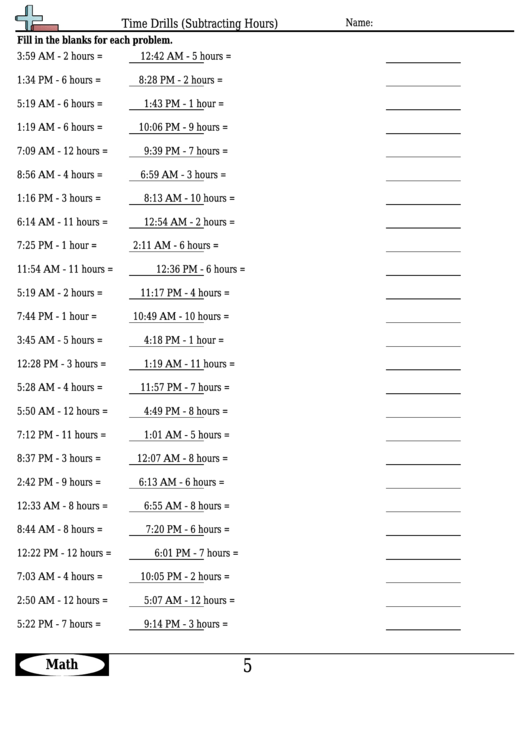 Time Drills (Subtracting Hours) - Measurement Worksheet With Answers Printable pdf