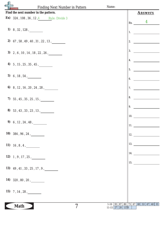 Finding Next Number In Pattern - Pattern Worksheet With Answers Printable pdf