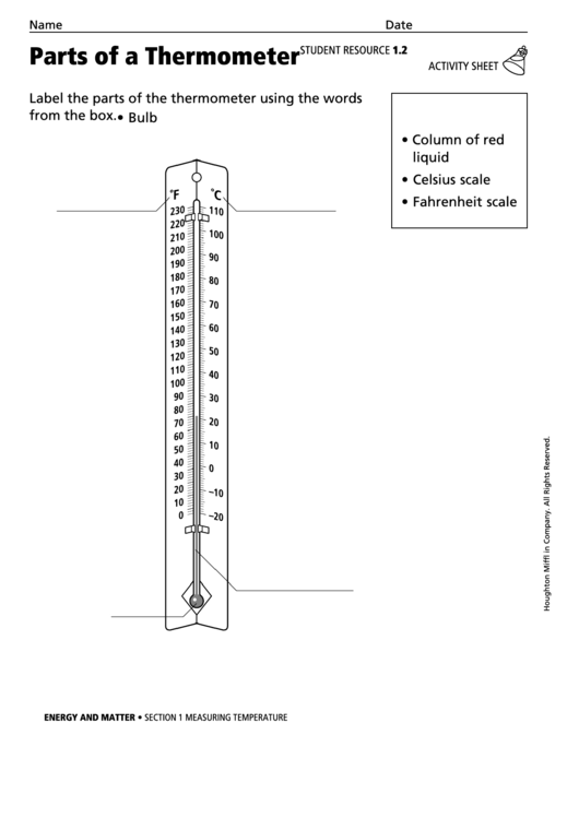 Parts Of A Thermometer Physics Worksheet printable pdf download