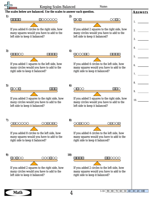 Keeping Scales Balanced - Measurement Worksheet With Answers Printable pdf