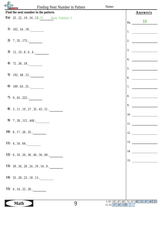 Finding Next Number In Pattern - Pattern Worksheet With Answers Printable pdf