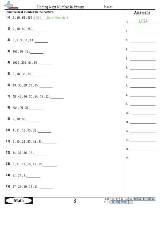 Finding Next Number In Pattern - Patterns Worksheet With Answers Printable pdf