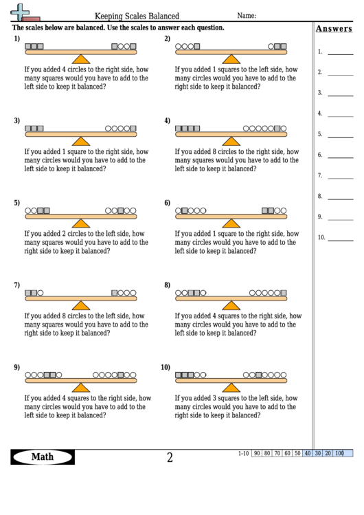 Keeping Scales Balanced - Measurement Worksheet With Answers Printable pdf