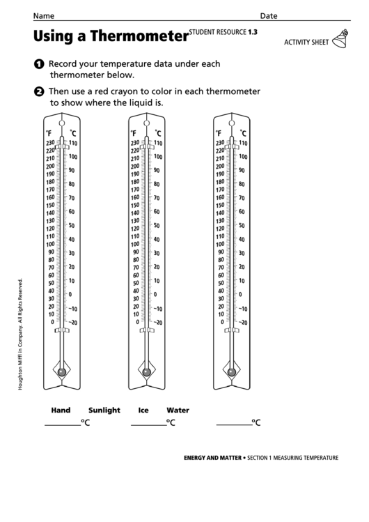 Using A Thermometer Physics Worksheet Printable pdf