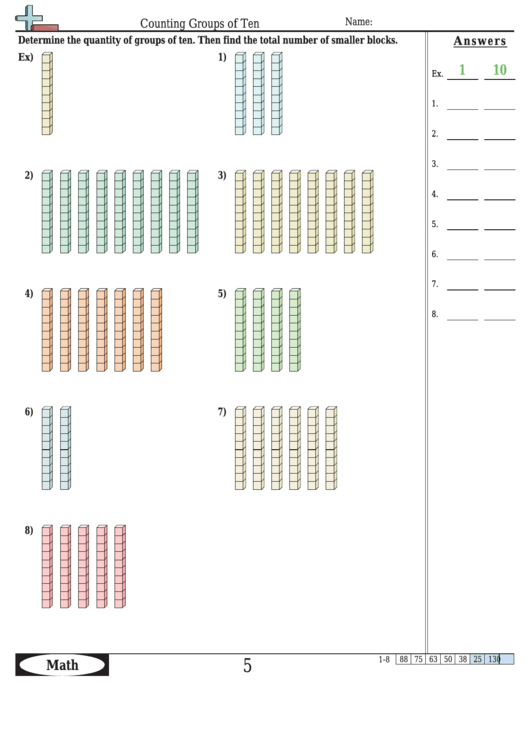Counting Groups Of Ten - Math Worksheet With Answers printable pdf download