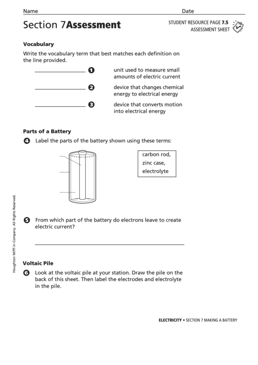 Section 7 Assessment Making A Battery Physics Worksheet Printable pdf